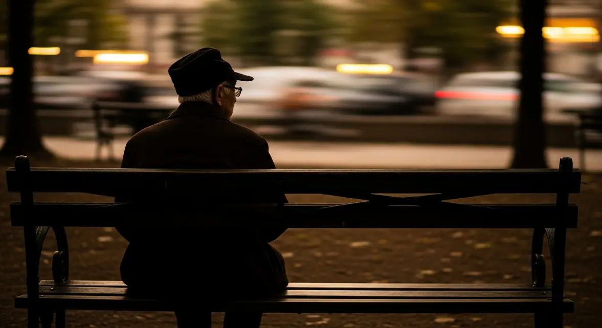 Personne âgée isolée sur banc parc ambiance mélancolique