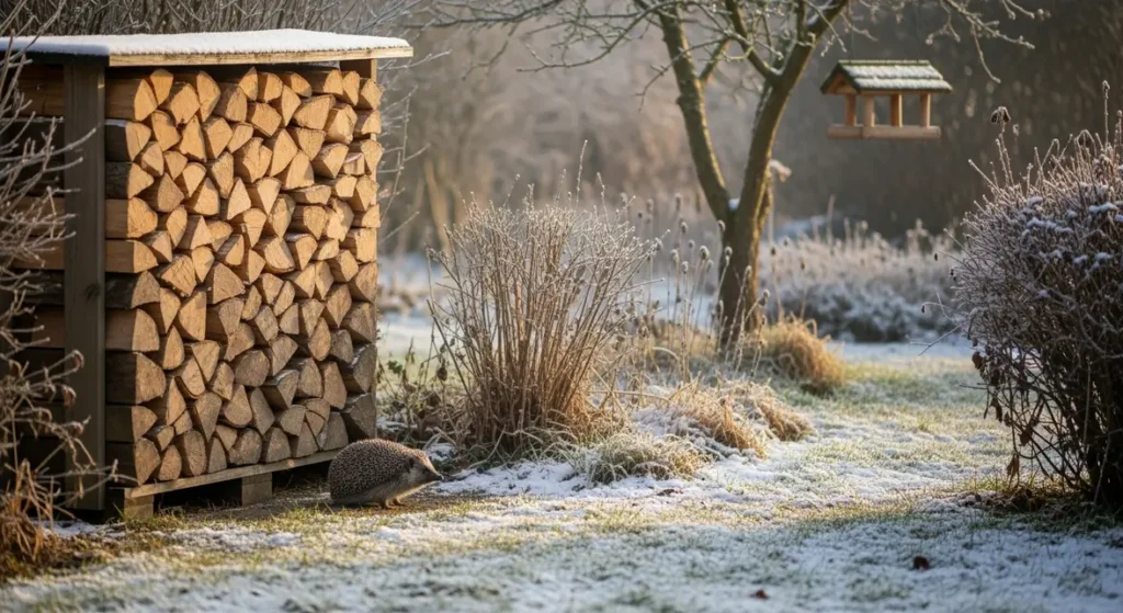 herisson devant tas de bois dans jardin hiver