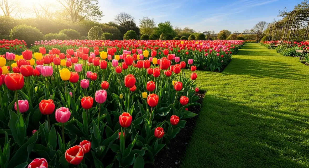 massif de tulipes colorées en fleurs au printemps