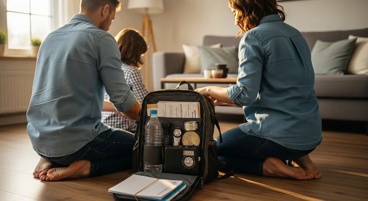 Famille préparant un kit d'urgence dans un salon lumineux