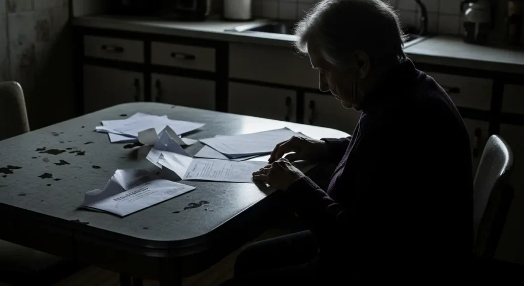 Femme âgée anxieuse ouvre lettre recommandée sur table en formica