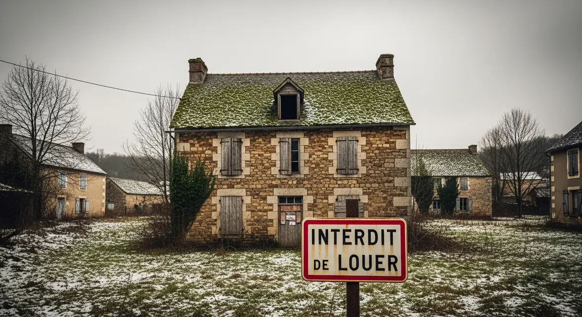 Maison ancienne en pierre avec panneau interdit de louer DPE