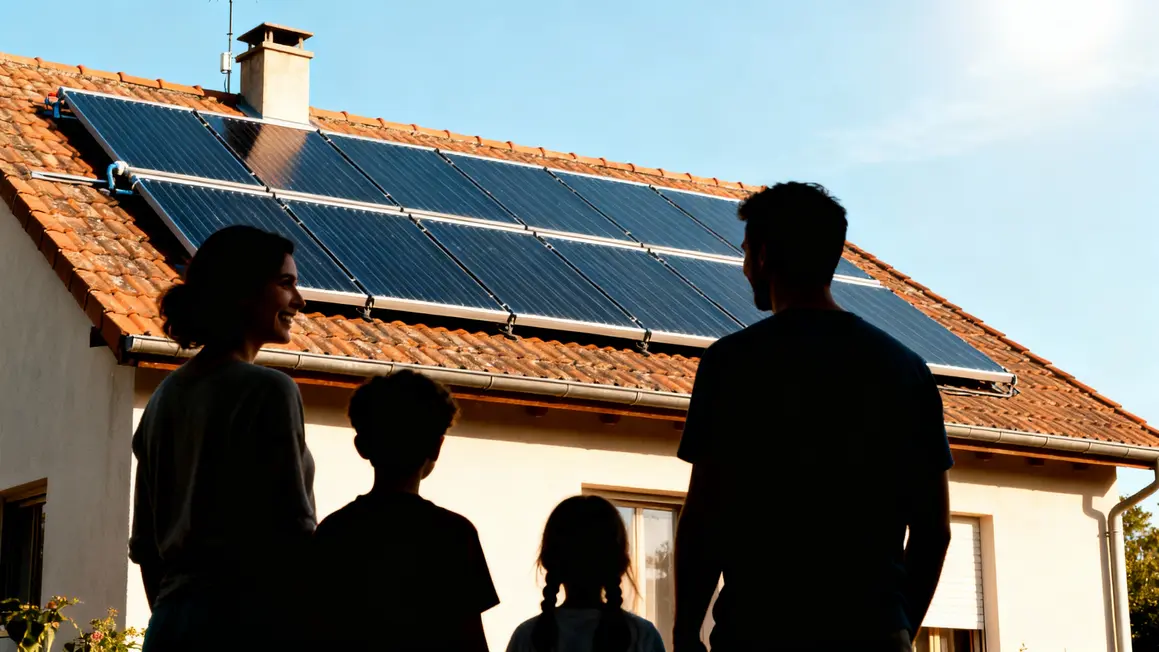 Toit maison panneaux solaires famille confiante