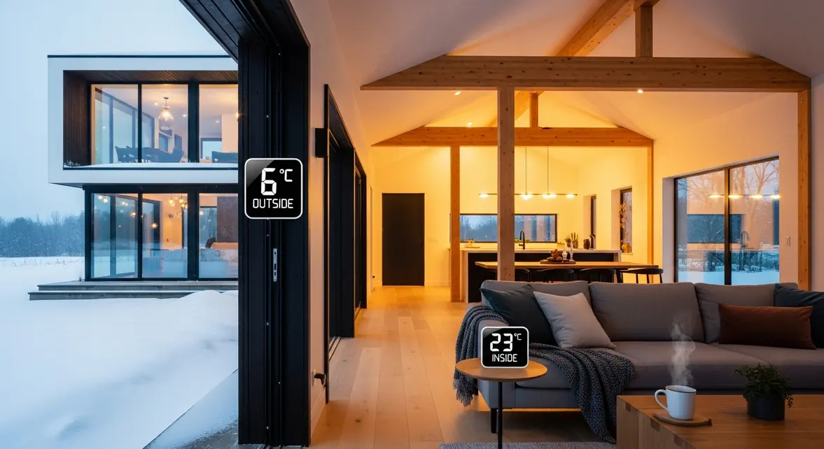 Maison passive, 23 degres interieur, 6 degres exterieur, sans radiateur