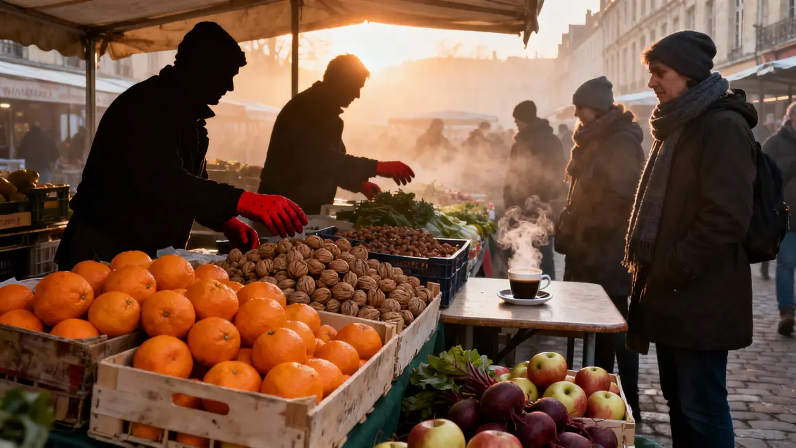 étal de fruits d'hiver au marché de Dijon au matin