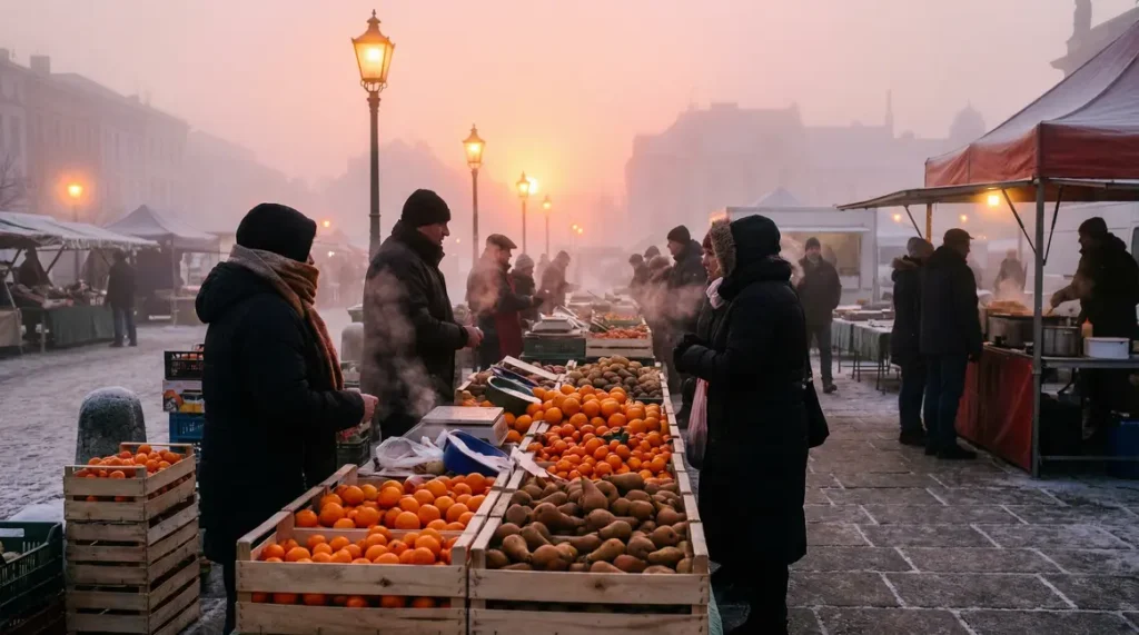 marché hivernal avec fruits d'hiver, ambiance brumeuse à l'aube
