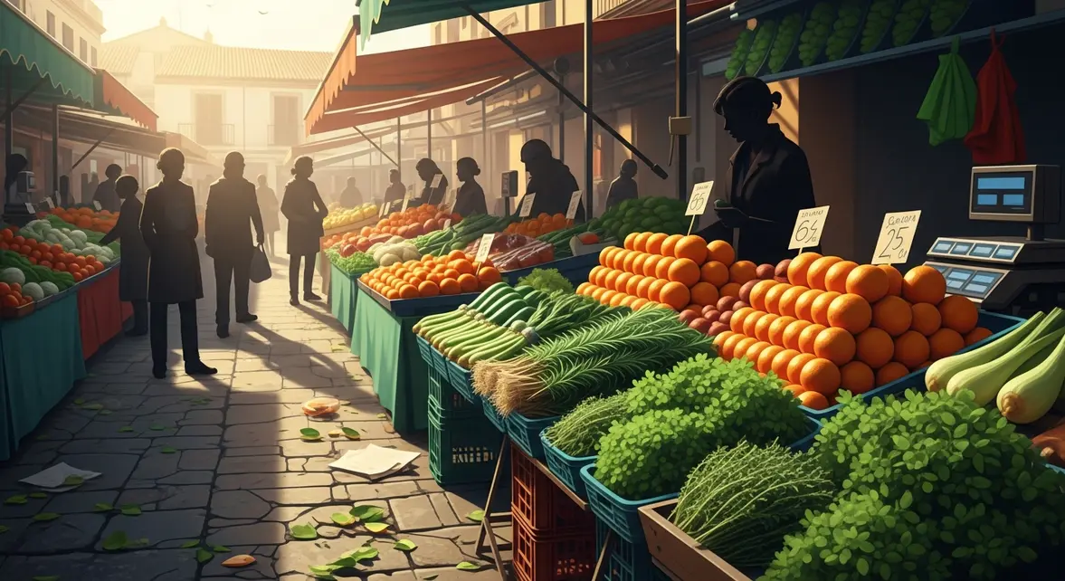 Marché de Murcie sous lumière dorée, étals oranges et herbes fraîches