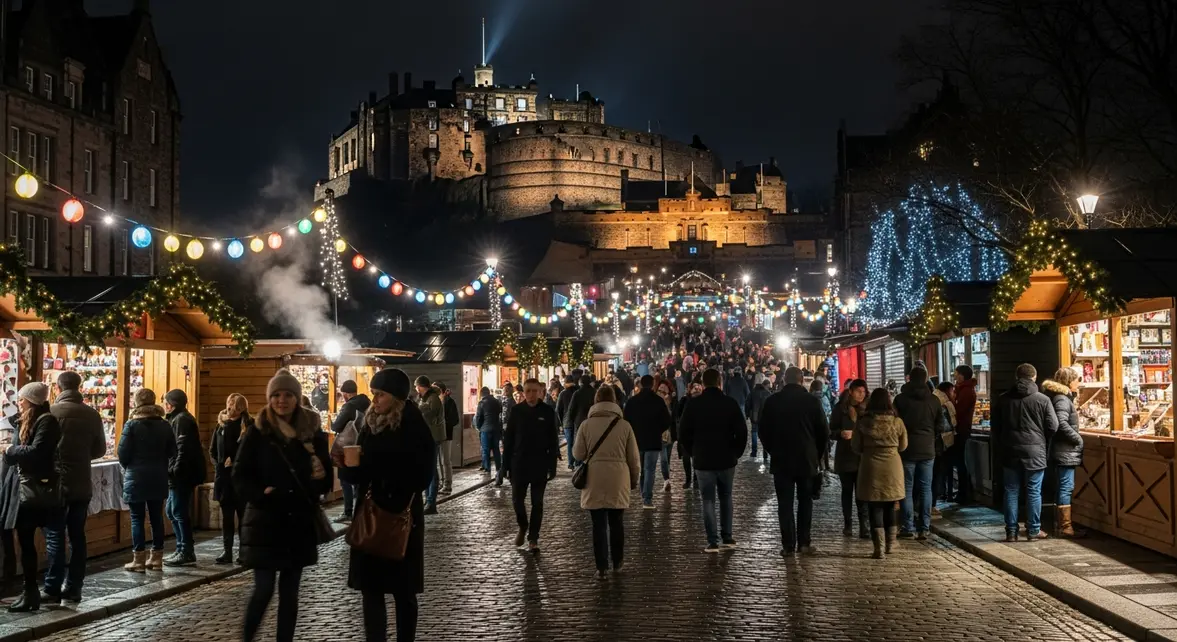 Marché de Noël à Édimbourg sous le château la nuit