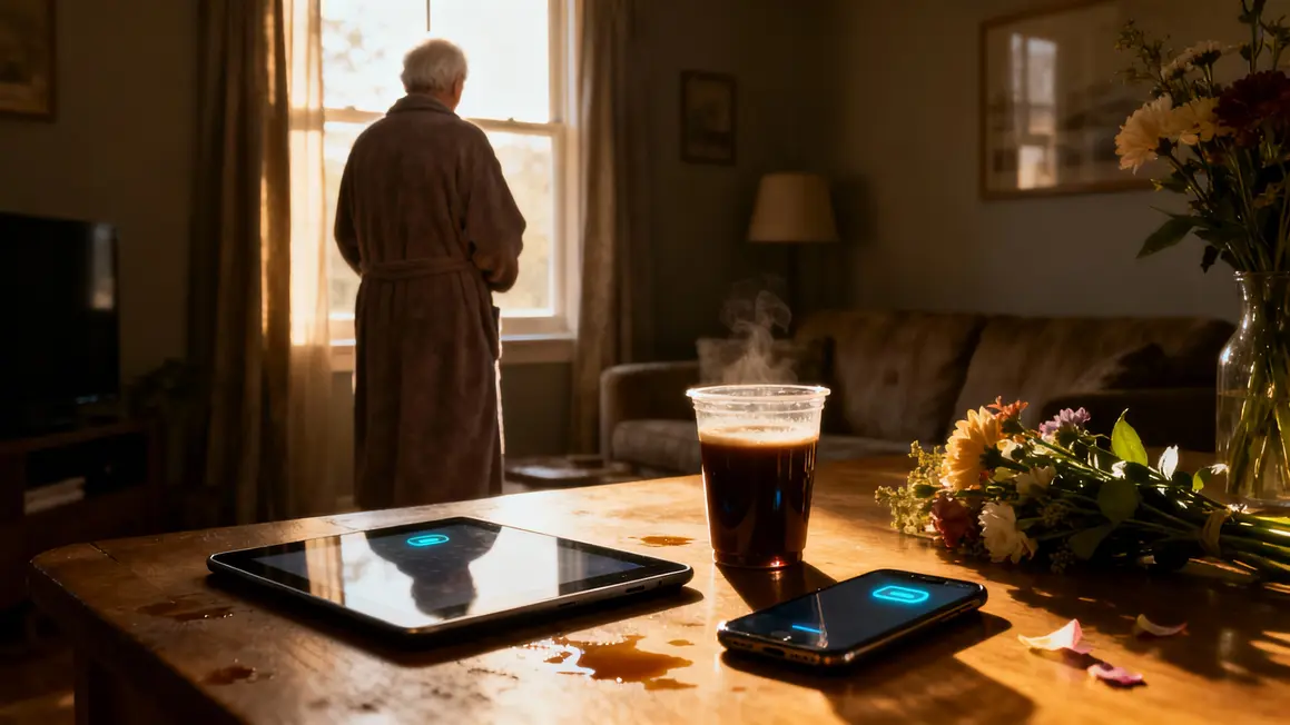 personne agee matin salon tablette smartphone cafe