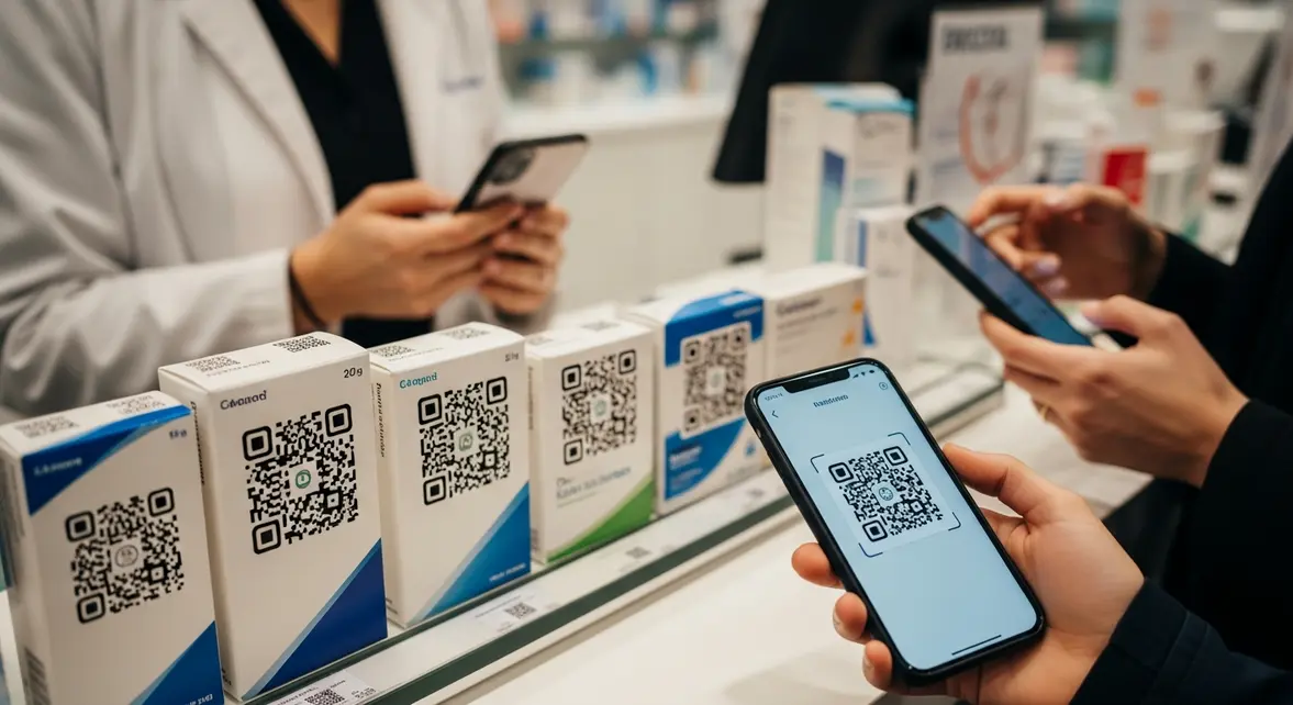 Medicaments en pharmacie avec QR code et smartphone pour notice numerique