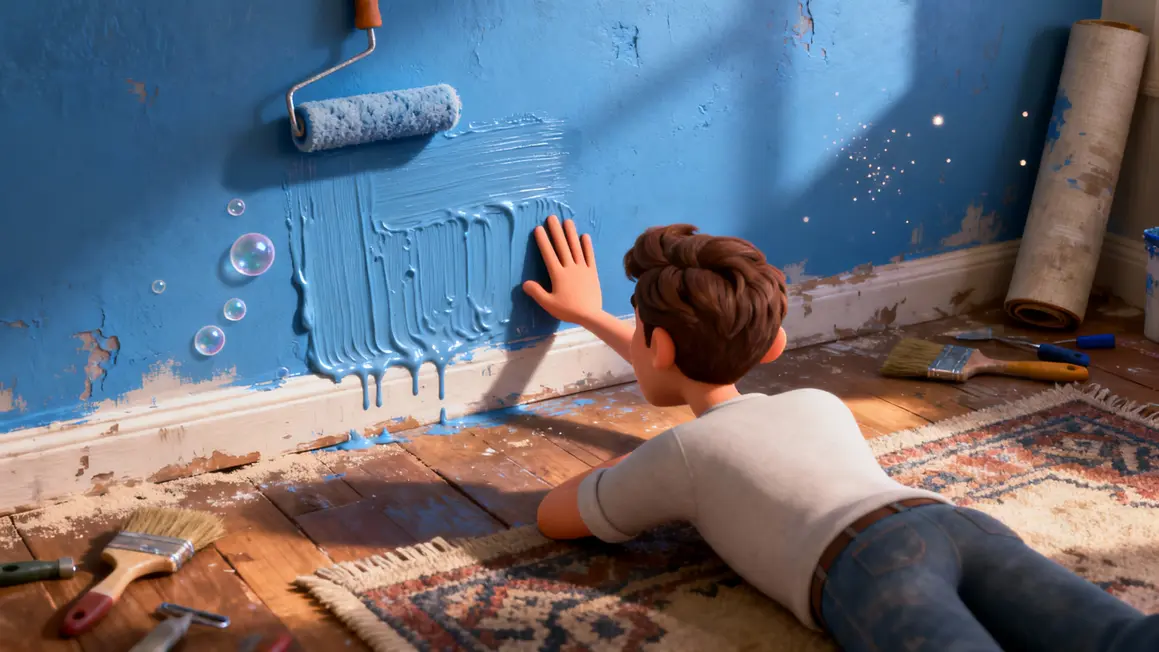 détail mur bleu bulles peinture rouleau