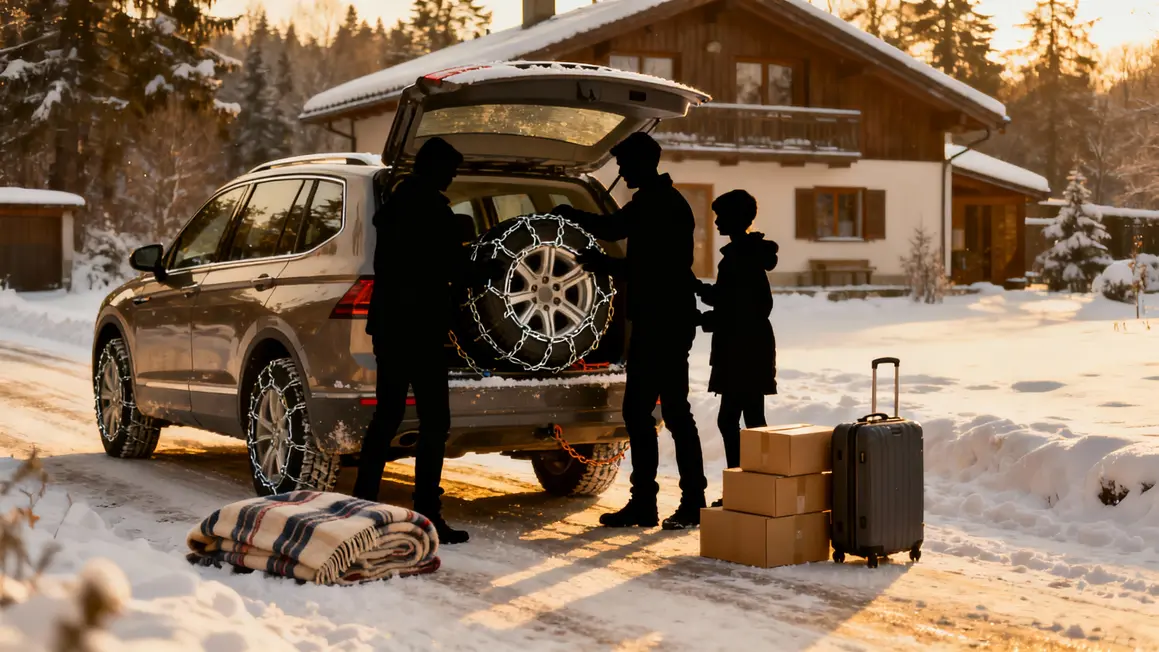 Famille prépare véhicule neige et équipement logistique hivernal