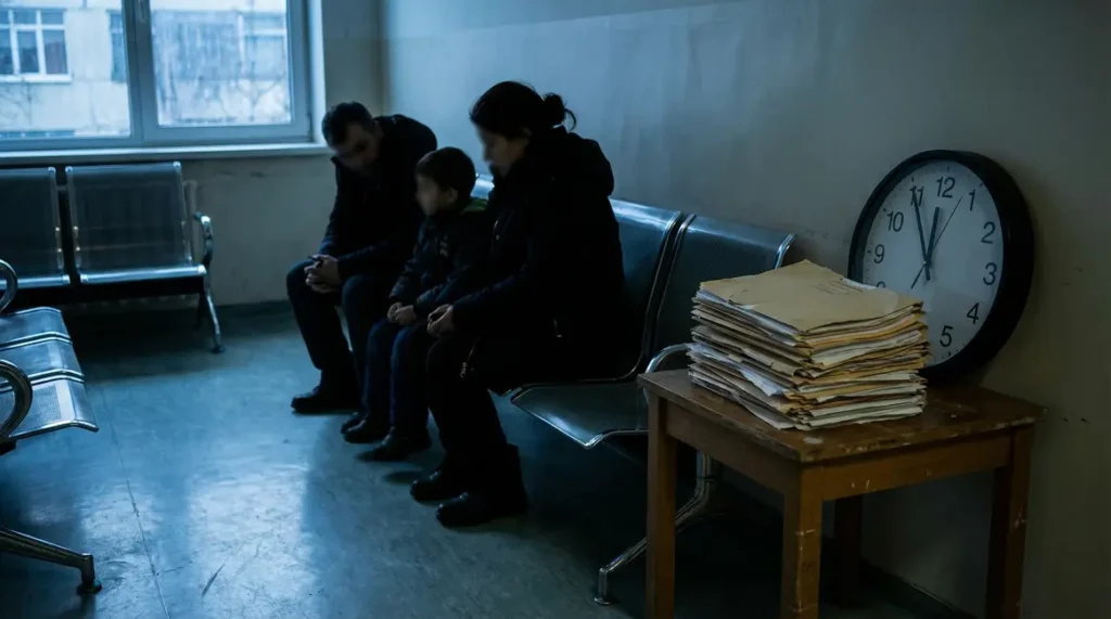 Famille en salle attente obsèques, dossiers administratifs, ambiance grave