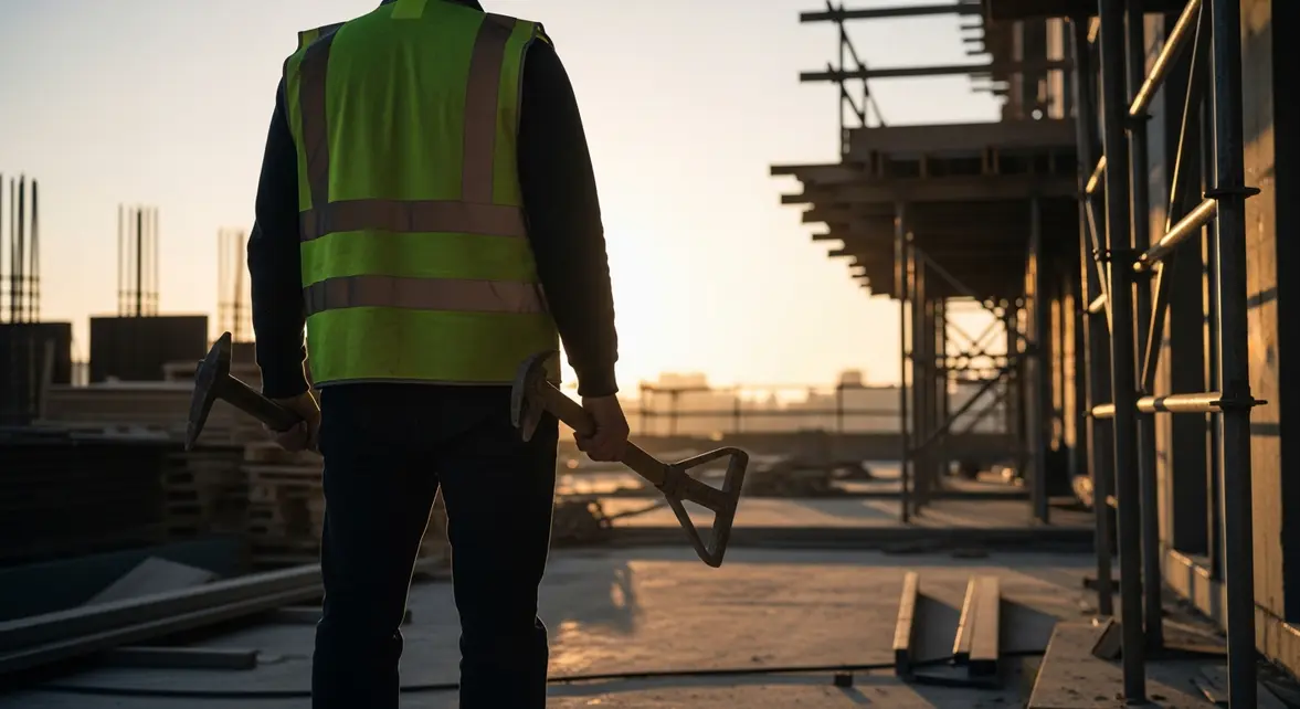 Ouvrier bâtiment chantier urbain, lever du jour, fatigue