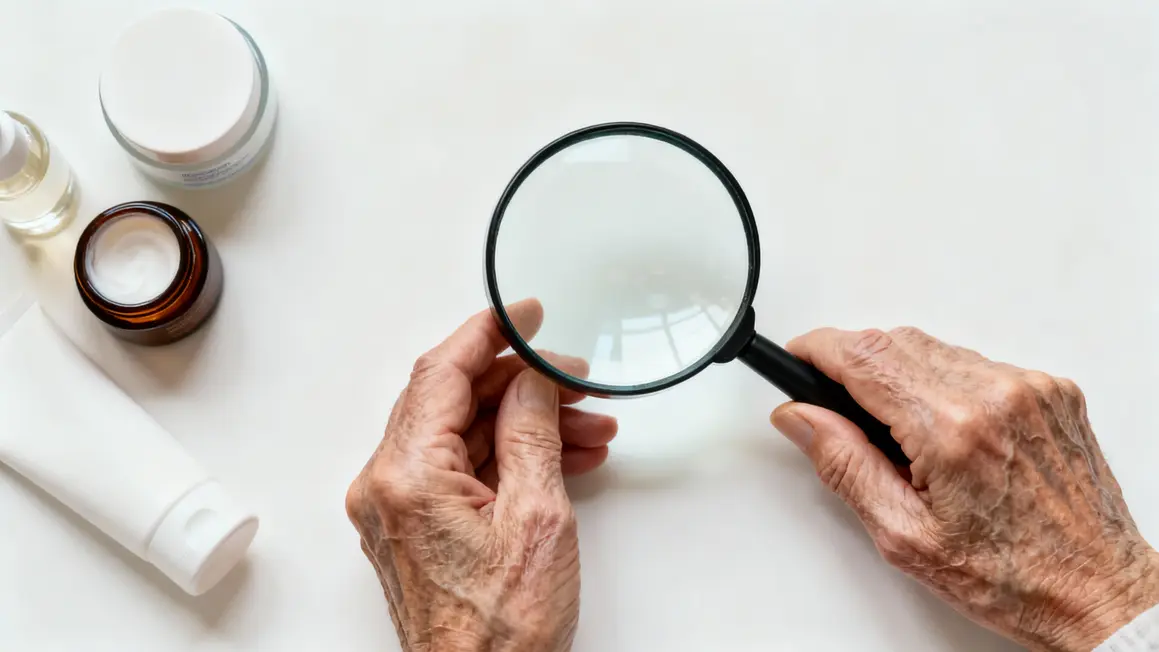 Peau sèche senior, loupe, produits dermatologiques