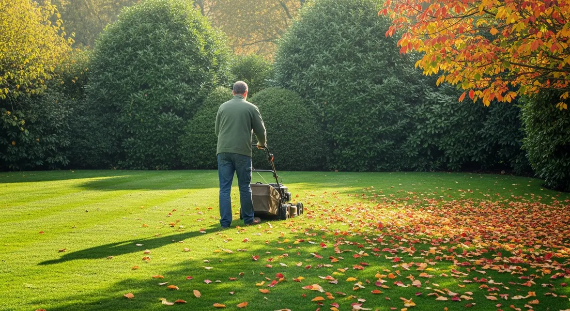Pelouse verte tondue en automne tonte tardive