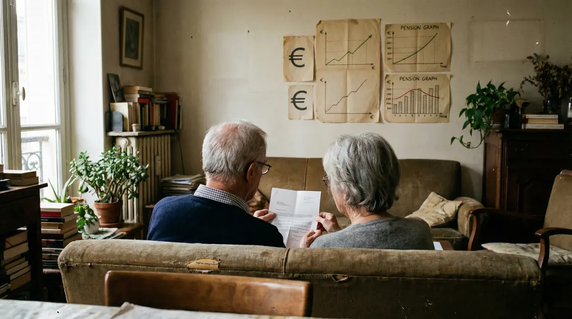 Deux seniors lisent lettre officielle avec graphique euro pension