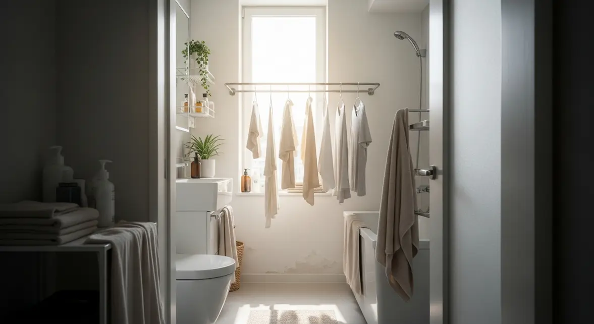 Petit appartement lumineux avec linge propre sur sechoir suspendu dans salle de bain