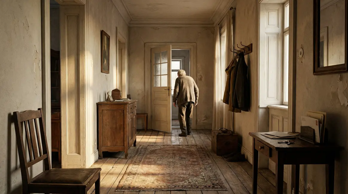 Couloir residence porte entreouverte personne agee s'eloigne ambiance silencieuse