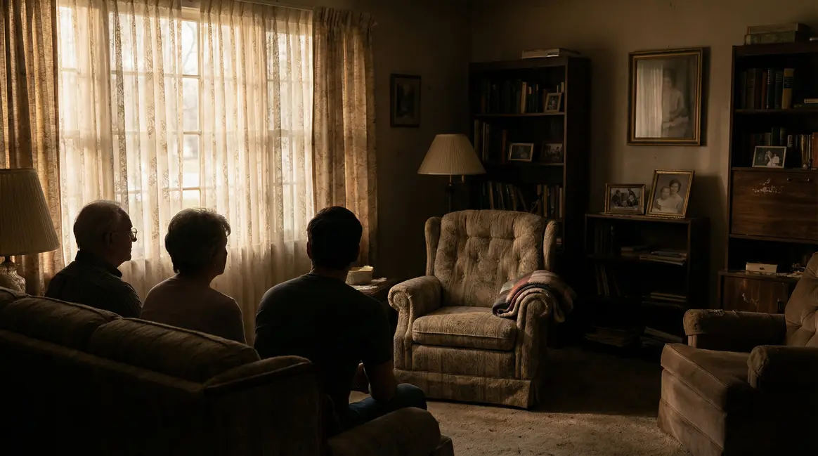 Famille en pré-deuil, fauteuil vide, ambiance attente