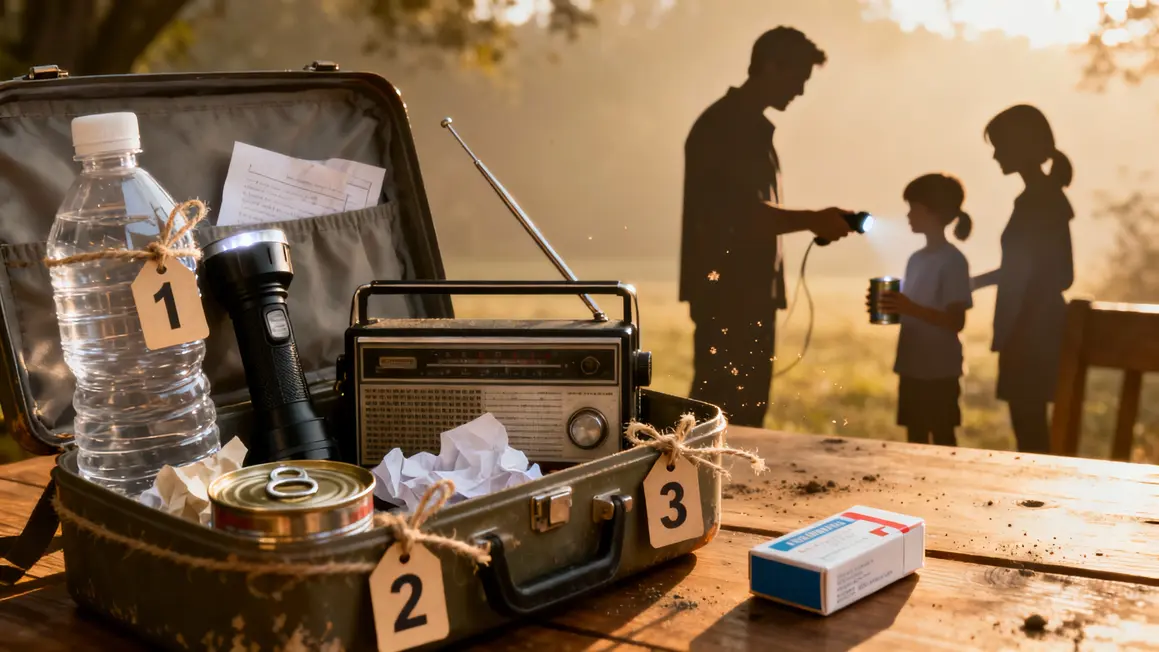Kit d'urgence ouvert sur table avec objets essentiels et famille