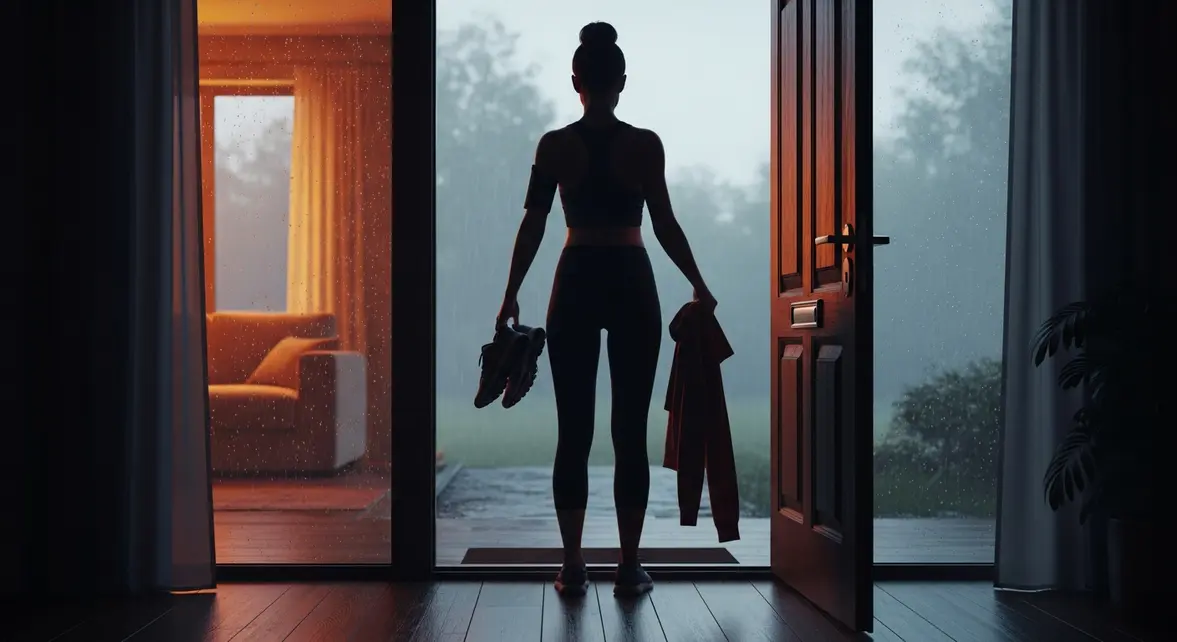 Femme prete a sortir en tenue de sport apres la pluie