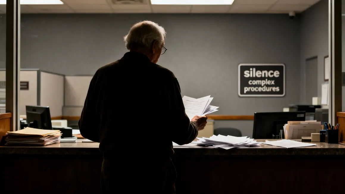 Senior isolé devant bureau démarches compliquées aides retraite 1500 euros