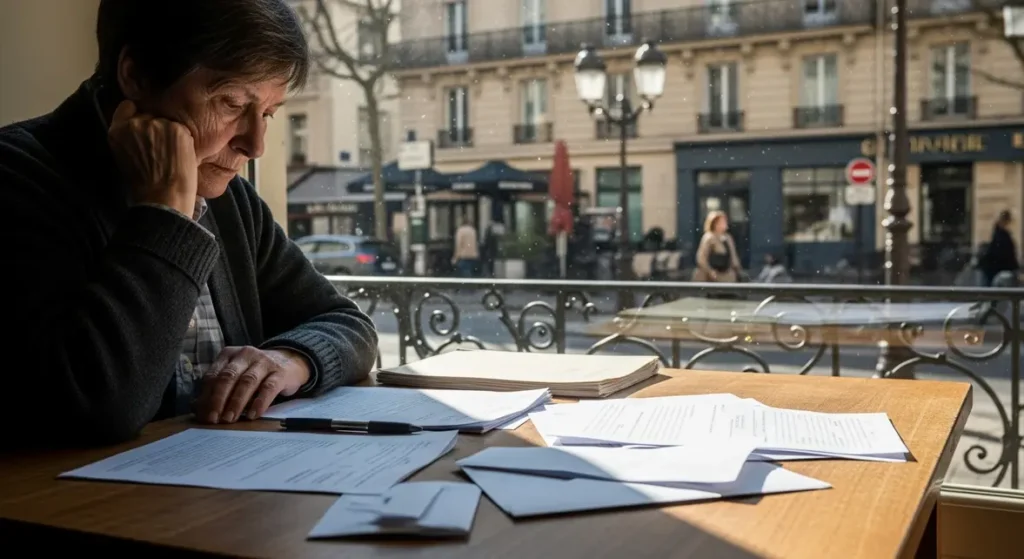 Personne agee pensif devant documents pension moins de 1500 euros
