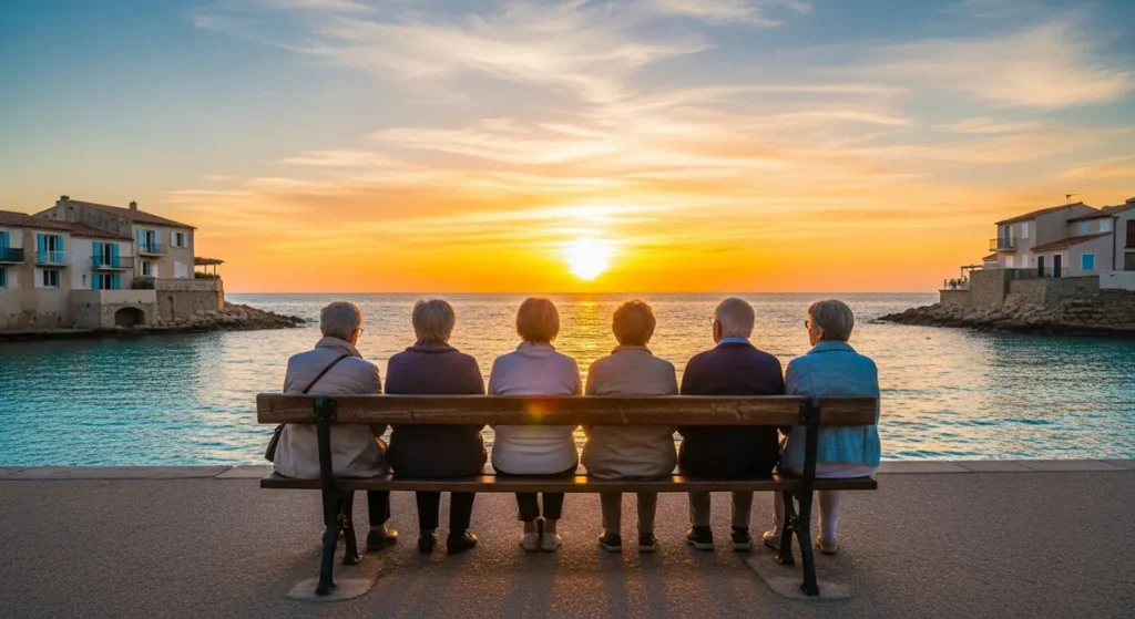 Retraités français en Sardaigne face à la mer au coucher de soleil