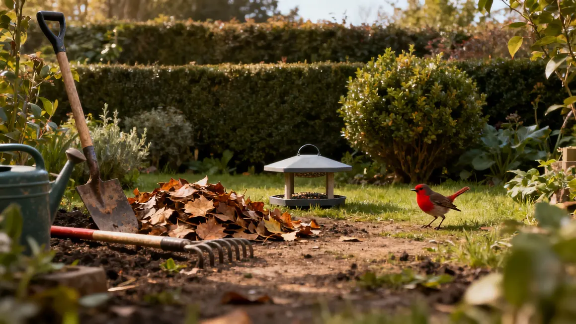 Rouge gorge parmi outils et feuilles jardin