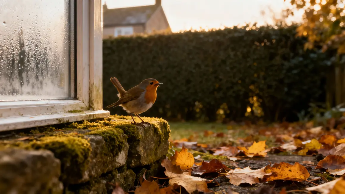Rouge gorge devant fenêtre jardin automne