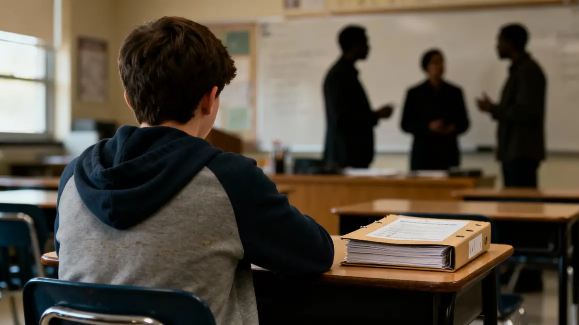 Adolescent seul en classe avec dossier administratif ambiance tendue