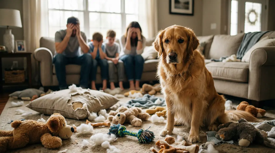 Chien coupable dans salon détruit après adoption