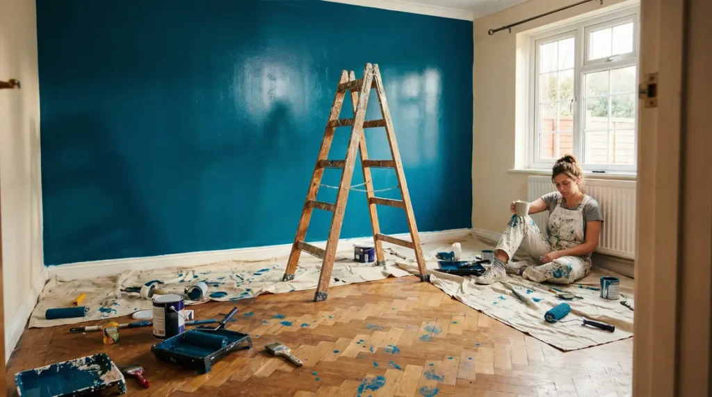 salon peint en bleu avec outils en désordre