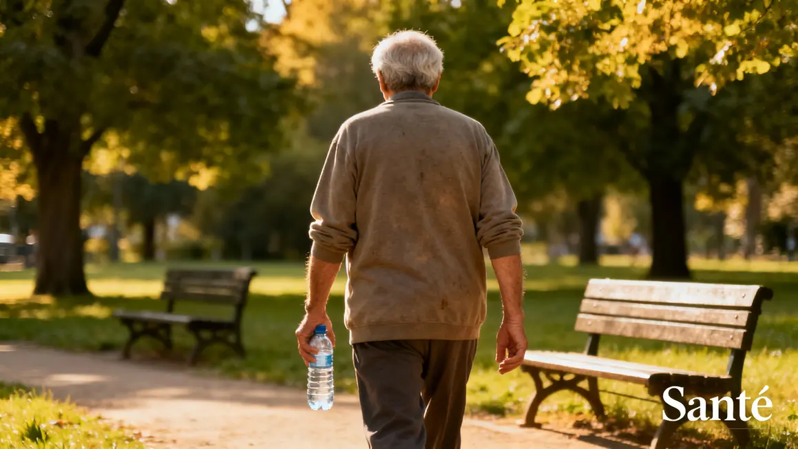 Senior marche dans un parc pour sante et bien-etre