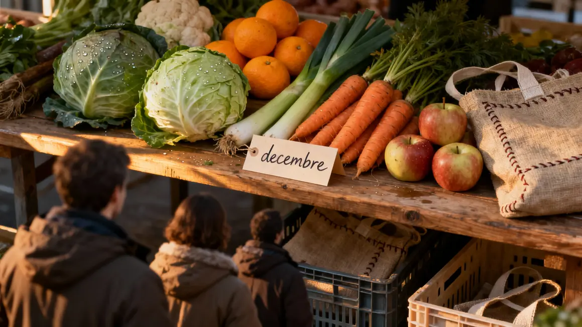 Étalage de fruits et légumes de saison décembre au marché