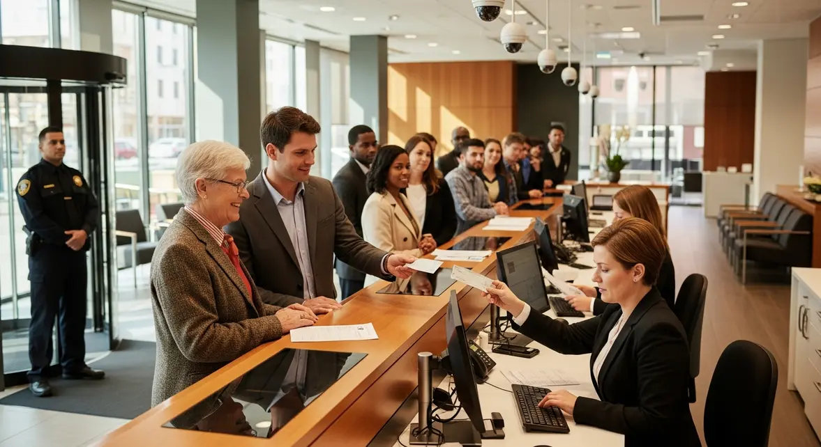 Banque sécurité contrôle chèque clients senior commerçant