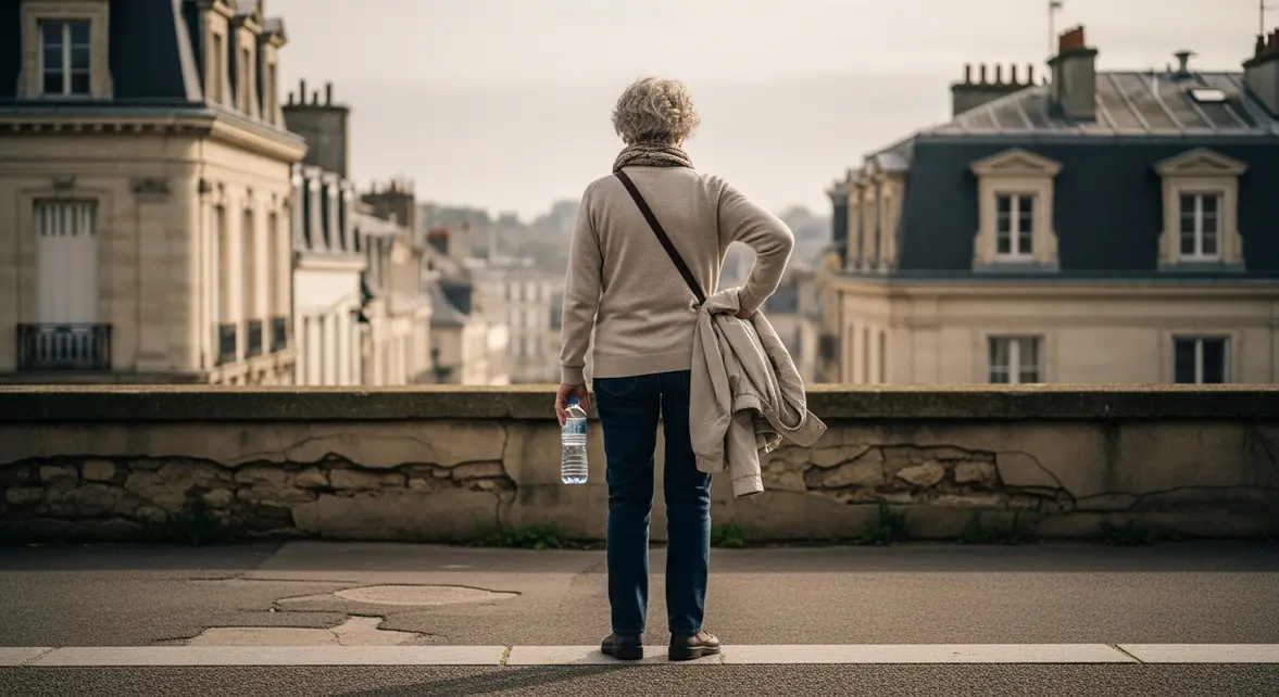 femme senior avec gourde doute motivation urbaine