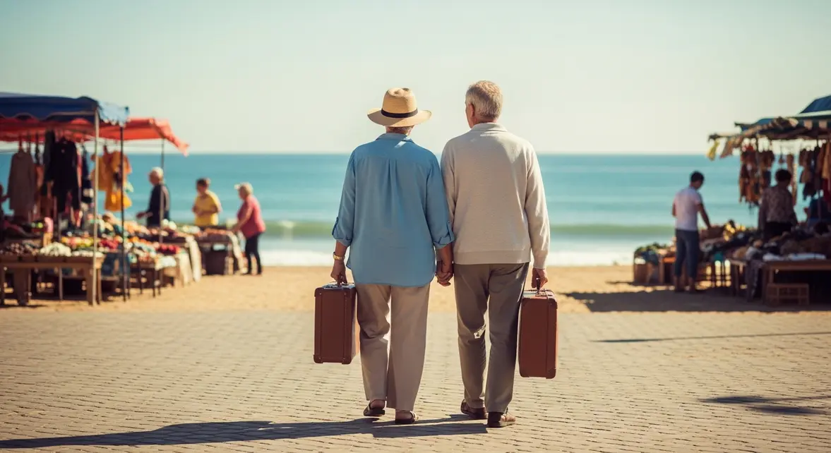 Seniors marchant main dans la main sur une plage ensoleillée devant l'océan.