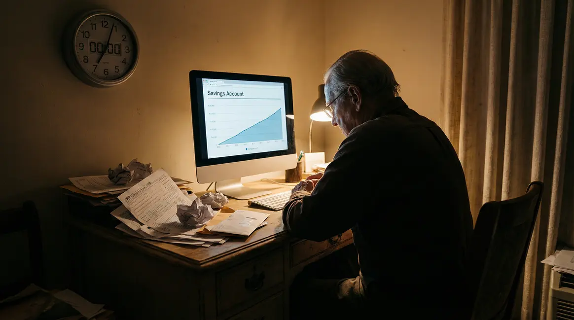 senior surveille ecran compte epargne horloge minuit