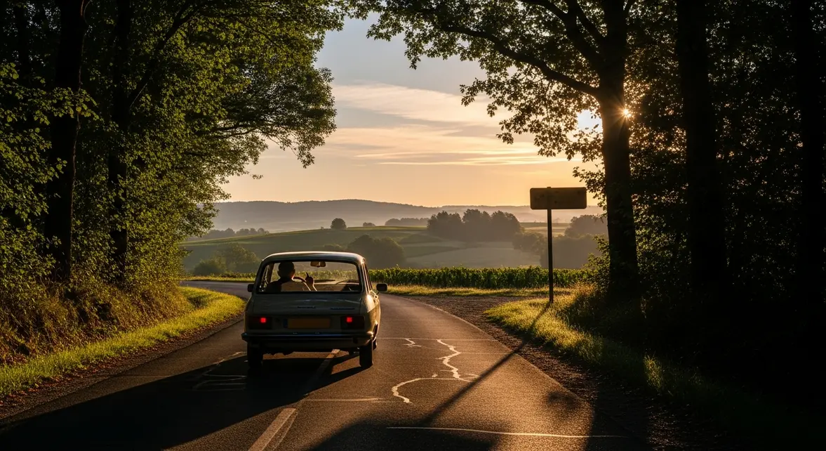 seniors conduisant route campagne française lever soleil