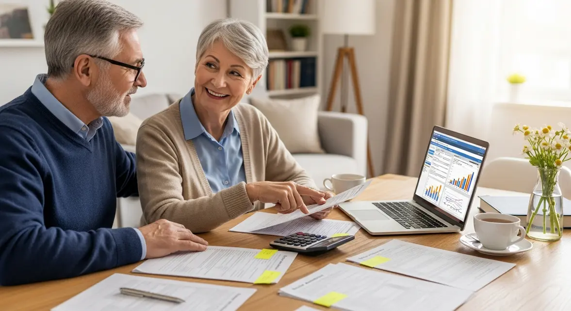 Couple de seniors souriants gestion impôts à domicile