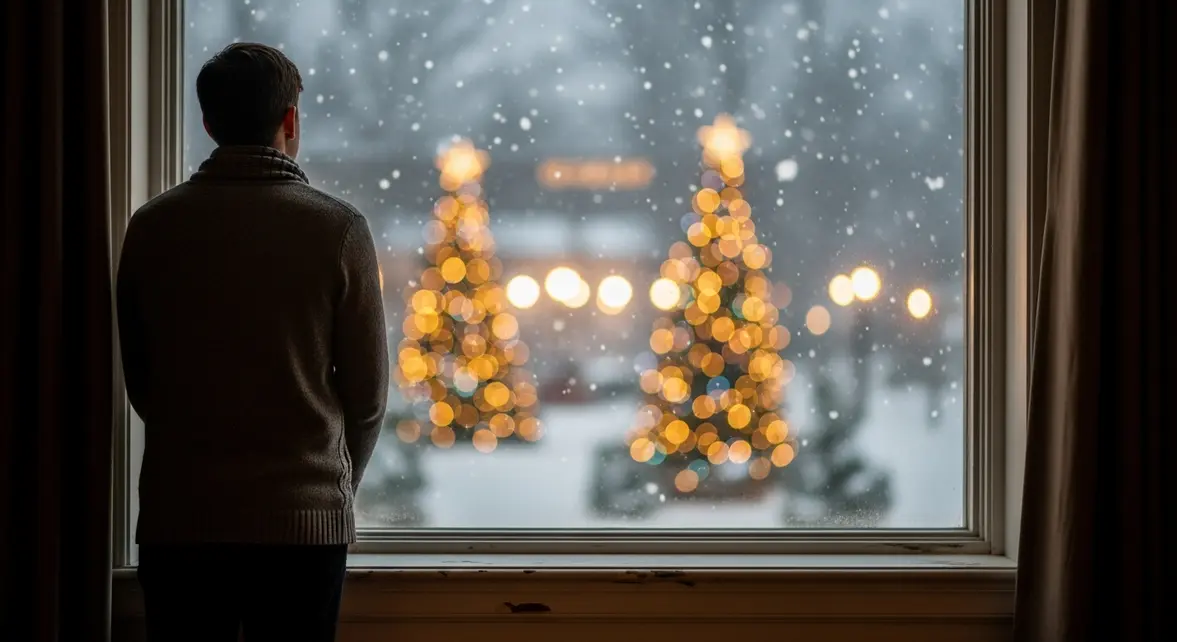 Solitude devant fenêtre en hiver durant les fêtes