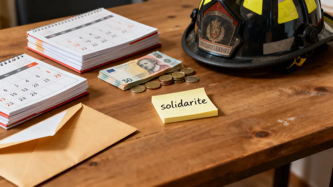 Calendriers, casque de pompier, billets sur table solidarité