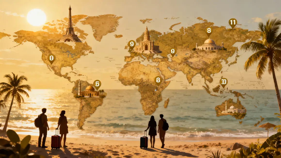 Carte du monde stylisée avec top destinations retraite pour seniors.