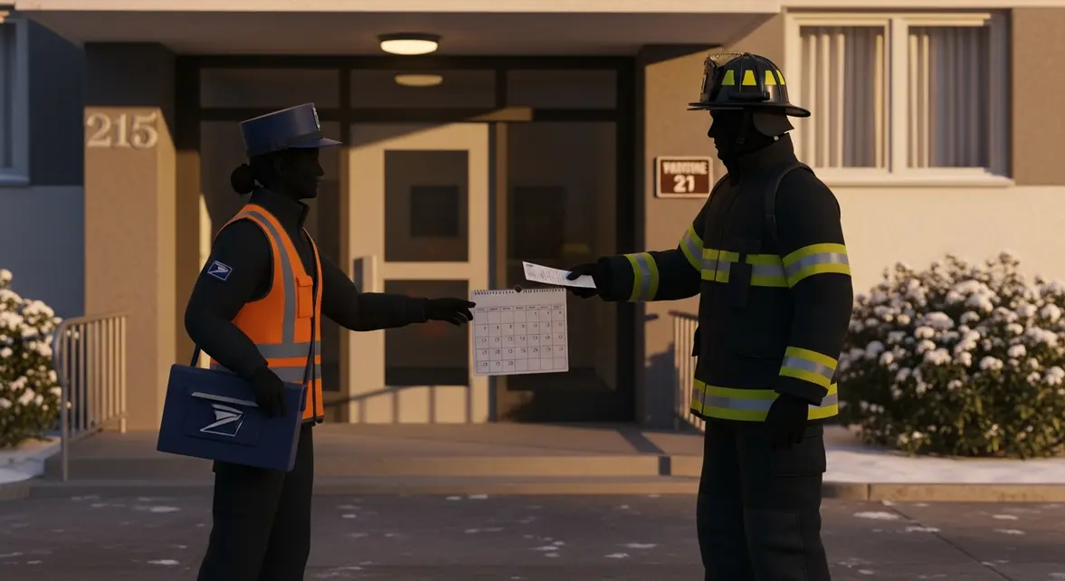 Facteur et pompier devant une porte en hiver avec calendrier et billet