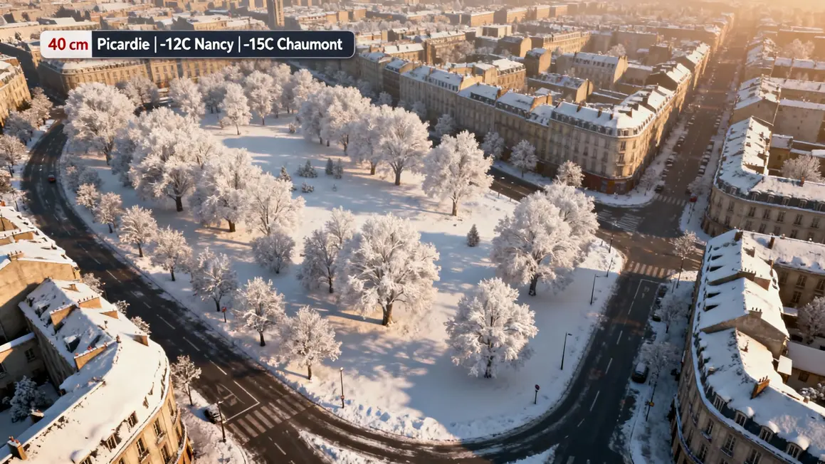 Ville sous 40 cm neige et panneaux meteo