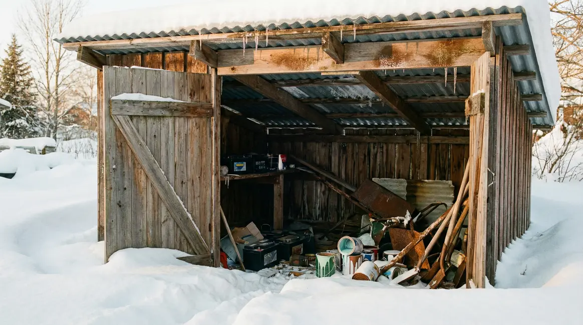 abri de jardin sous neige avec batteries et peintures endommagees