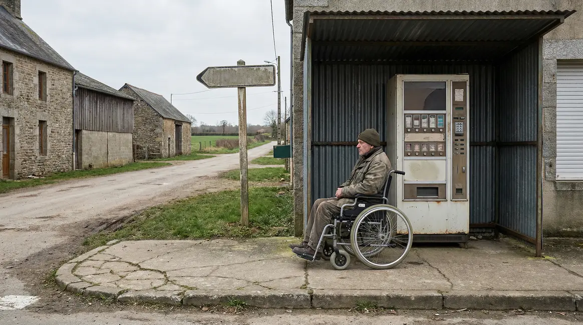 Photo d'une personne en fauteuil roulant devant un distributeur automatique rural accessible