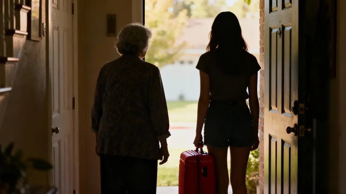 Deux femmes à l'entrée, valise rouge